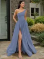 A-line One-Shoulder Sleeveless Floor-Length Elegant Satin Prom Dress With Slit