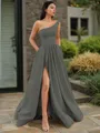 A-line One-Shoulder Sleeveless Floor-Length Elegant Satin Prom Dress With Slit