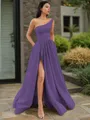 A-line One-Shoulder Sleeveless Floor-Length Elegant Satin Prom Dress With Slit