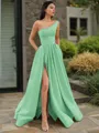 A-line One-Shoulder Sleeveless Floor-Length Elegant Satin Prom Dress With Slit