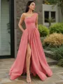 A-line One-Shoulder Sleeveless Floor-Length Elegant Satin Prom Dress With Slit