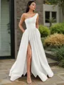 A-line One-Shoulder Sleeveless Floor-Length Elegant Satin Prom Dress With Slit
