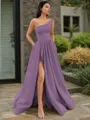 A-line One-Shoulder Sleeveless Floor-Length Elegant Satin Prom Dress With Slit