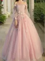 Ball-Gown Princess Off-the-Shoulder Long Sleeves Floor-Length Tulle Elegant Prom Dress With Hand-Made Flower