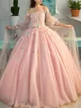 Ball-Gown Princess Off-the-Shoulder Long Sleeves Floor-Length Tulle Elegant Prom Dress With Hand-Made Flower