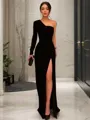 Chic A-line One-Shoulder Long Sleeves Sweep Train Jersey Prom Dress With Slit