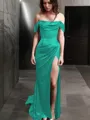 Sheath/Column Off-the-Shoulder Short Sleeves Sweep Train Bodycon Silk like Satin Corset Prom Dress With Slit