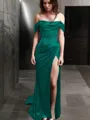 Sheath/Column Off-the-Shoulder Short Sleeves Sweep Train Bodycon Silk like Satin Corset Prom Dress With Slit