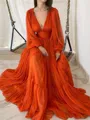 A-line V-Neck Long Sleeves Floor-Length Charming 3D Chiffon Prom Dress With Ruffles