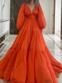 A-line V-Neck Long Sleeves Floor-Length Charming 3D Chiffon Prom Dress With Ruffles