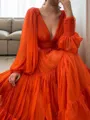 A-line V-Neck Long Sleeves Floor-Length Charming 3D Chiffon Prom Dress With Ruffles
