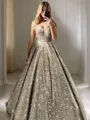 Shimmery A-line V-Neck Sleeveless Floor-Length Sequins Prom Dress With Ruffles