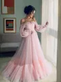 A-line Princess Stunning Off-the-Shoulder Long Sleeves Floor-Length Tulle Prom Dress With Applique