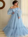 A-line Princess Stunning Off-the-Shoulder Long Sleeves Floor-Length Tulle Prom Dress With Applique