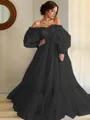 A-line Princess Stunning Off-the-Shoulder Long Sleeves Floor-Length Tulle Prom Dress With Applique