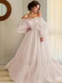 A-line Princess Stunning Off-the-Shoulder Long Sleeves Floor-Length Tulle Prom Dress With Applique