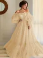 A-line Princess Stunning Off-the-Shoulder Long Sleeves Floor-Length Tulle Prom Dress With Applique