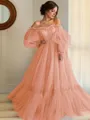 A-line Princess Stunning Off-the-Shoulder Long Sleeves Floor-Length Tulle Prom Dress With Applique