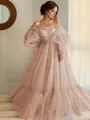 A-line Princess Stunning Off-the-Shoulder Long Sleeves Floor-Length Tulle Prom Dress With Applique