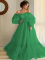 A-line Princess Stunning Off-the-Shoulder Long Sleeves Floor-Length Tulle Prom Dress With Applique