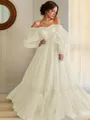 A-line Princess Stunning Off-the-Shoulder Long Sleeves Floor-Length Tulle Prom Dress With Applique