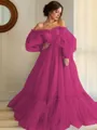 A-line Princess Stunning Off-the-Shoulder Long Sleeves Floor-Length Tulle Prom Dress With Applique