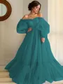 A-line Princess Stunning Off-the-Shoulder Long Sleeves Floor-Length Tulle Prom Dress With Applique