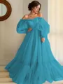 A-line Princess Stunning Off-the-Shoulder Long Sleeves Floor-Length Tulle Prom Dress With Applique