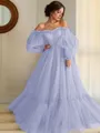 A-line Princess Stunning Off-the-Shoulder Long Sleeves Floor-Length Tulle Prom Dress With Applique