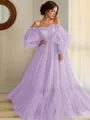 A-line Princess Stunning Off-the-Shoulder Long Sleeves Floor-Length Tulle Prom Dress With Applique