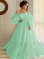 A-line Princess Stunning Off-the-Shoulder Long Sleeves Floor-Length Tulle Prom Dress With Applique