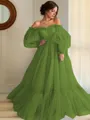 A-line Princess Stunning Off-the-Shoulder Long Sleeves Floor-Length Tulle Prom Dress With Applique