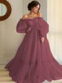 A-line Princess Stunning Off-the-Shoulder Long Sleeves Floor-Length Tulle Prom Dress With Applique