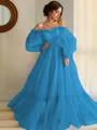 A-line Princess Stunning Off-the-Shoulder Long Sleeves Floor-Length Tulle Prom Dress With Applique