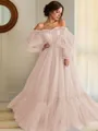 A-line Princess Stunning Off-the-Shoulder Long Sleeves Floor-Length Tulle Prom Dress With Applique