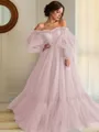 A-line Princess Stunning Off-the-Shoulder Long Sleeves Floor-Length Tulle Prom Dress With Applique