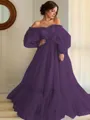 A-line Princess Stunning Off-the-Shoulder Long Sleeves Floor-Length Tulle Prom Dress With Applique