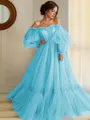 A-line Princess Stunning Off-the-Shoulder Long Sleeves Floor-Length Tulle Prom Dress With Applique