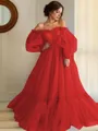 A-line Princess Stunning Off-the-Shoulder Long Sleeves Floor-Length Tulle Prom Dress With Applique