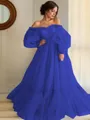 A-line Princess Stunning Off-the-Shoulder Long Sleeves Floor-Length Tulle Prom Dress With Applique