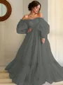 A-line Princess Stunning Off-the-Shoulder Long Sleeves Floor-Length Tulle Prom Dress With Applique