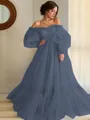 A-line Princess Stunning Off-the-Shoulder Long Sleeves Floor-Length Tulle Prom Dress With Applique