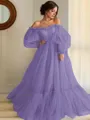 A-line Princess Stunning Off-the-Shoulder Long Sleeves Floor-Length Tulle Prom Dress With Applique