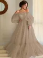 A-line Princess Stunning Off-the-Shoulder Long Sleeves Floor-Length Tulle Prom Dress With Applique