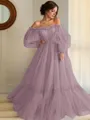 A-line Princess Stunning Off-the-Shoulder Long Sleeves Floor-Length Tulle Prom Dress With Applique