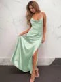 A-line Spaghetti Straps Dreamy Sleeveless Floor-Length Silk like Satin Prom Dress With Slit