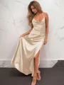 A-line Spaghetti Straps Dreamy Sleeveless Floor-Length Silk like Satin Prom Dress With Slit