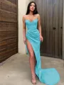 Sheath/Column Spaghetti Straps Sleeveless Sweep Train Chic Satin Corset Prom Dress With Slit