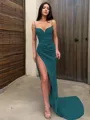 Sheath/Column Spaghetti Straps Sleeveless Sweep Train Chic Satin Corset Prom Dress With Slit