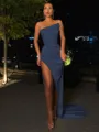Sheath/Column Strapless Sleeveless Sweep Train Satin Classy Corset Prom Dress With Slit